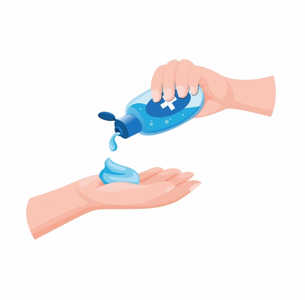 人々の手の手の消毒剤製品 抗菌手の消毒剤で手を洗って 白い背景で分離された漫画のリアルなイラストで消毒ゲル プレミアムベクター