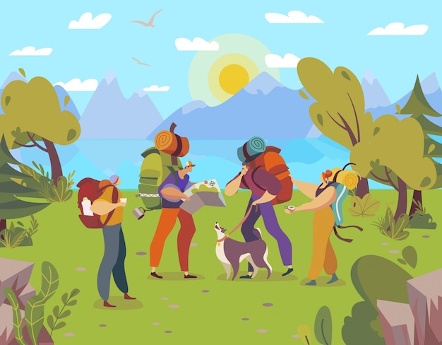 Premium Vector | People hiking with backpacks, cartoon characters ...