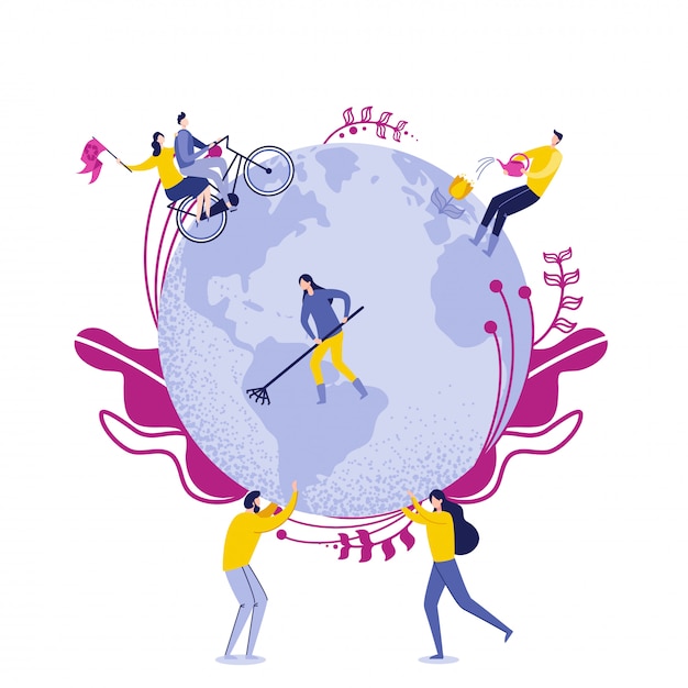 People hold globe with workers caring of earth. Premium Vector