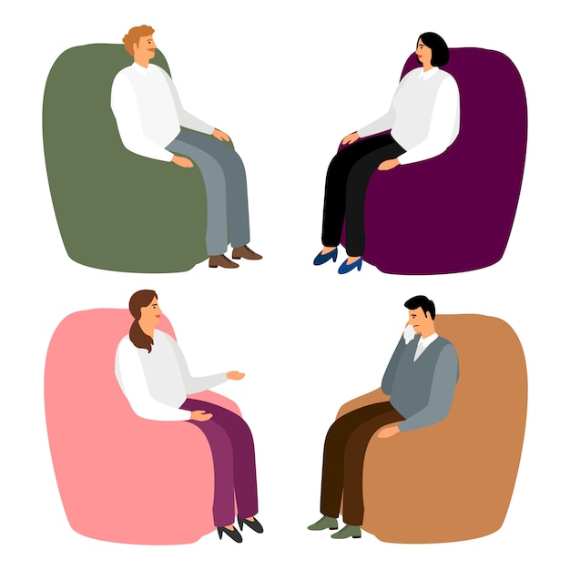 肘掛け椅子の人々 漫画の男性と女性は リラックスして話したり リラックスしたり 心理療法のベクトル図の椅子に座ったり プレミアムベクター