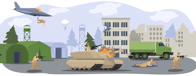 軍のキャンプ基地の人々 銃 軍の戦車 飛行機の漫画イラストとの戦争で迷彩服の兵士 プレミアムベクター