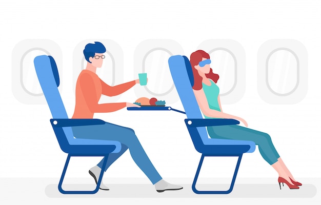 飛行機のキャビンフラットイラストの人々 快適な座席の飛行機の乗客は漫画のキャラクターです 食事 アイマスクの若い女性が寝ている男 気道輸送 商業飛行 プレミアムベクター