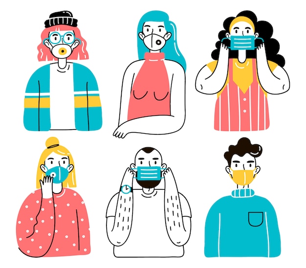 医療用フェイスマスクの人々 男性と女性 男性と女性がウイルス 都市の大気汚染 汚染された空気から身を守る医療用マスクを身に着けているイラスト プレミアムベクター