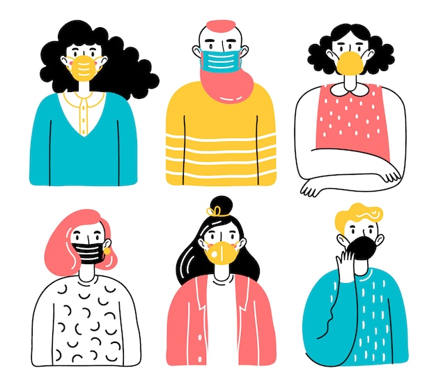 プレミアムベクター 医療用フェイスマスクの人々 男性と女性 男性と女性がウイルス 都市の大気汚染 汚染 された空気から身を守る医療用マスクを身に着けているイラスト