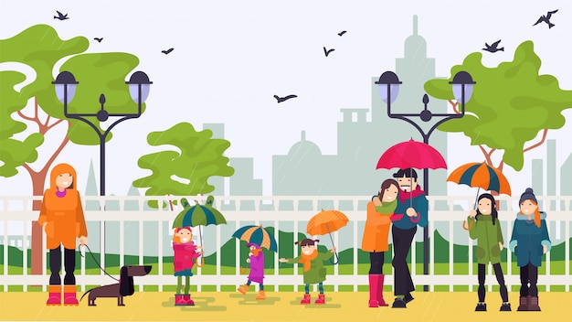 雨の中の人は 都市公園のイラストバナーの傘の下に立ちます プレミアムベクター