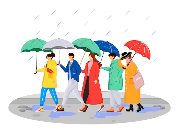 レインコートを着た人々はフラットカラーの顔のないキャラクターです 傘を持つ白人の人間を歩きます 雨の日 白い背景の上の道路分離漫画イラストの男性と女性 プレミアムベクター