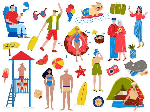 夏休みイラストセットの人々 漫画アクティブな女性男性行楽客水泳 日光浴 白でリラックス プレミアムベクター