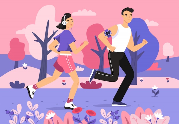 公園でジョギングする人々スポーツマラソンを実行している若い男女のイラスト 無料のベクター