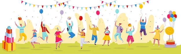 誕生日パーティーのお祝い イラストでジャンプする人々 モダンなフラットスタイルの面白い漫画のキャラクター 誕生日プレゼント プレミアムベクター