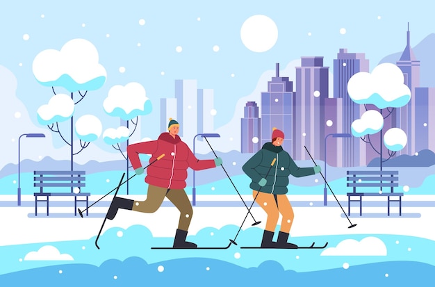 Download Premium Vector | People man woman couple characters skiing winter park, cartoon illustration