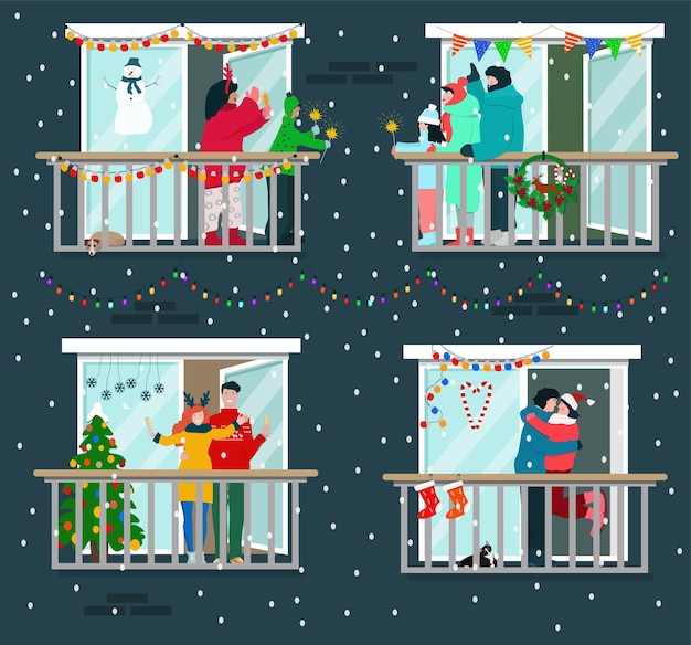 Premium Vector | People, neighbors celebrate christmas and new year at ...