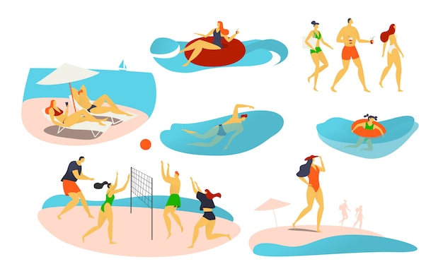 ビーチ イラスト キャラクターの人々は バレーボールをしたり ゴム製のリングで泳いだり 日光浴をしたり 海岸で夏休みを過ごしました プレミアムベクター