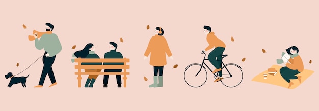 秋のフラットイラストの人々の野外活動 犬の散歩 秋の森のカジュアルな男性と女性 秋の紅葉で遊んだり 自転車に乗ったり 公園で時間を過ごして本を読む プレミアムベクター