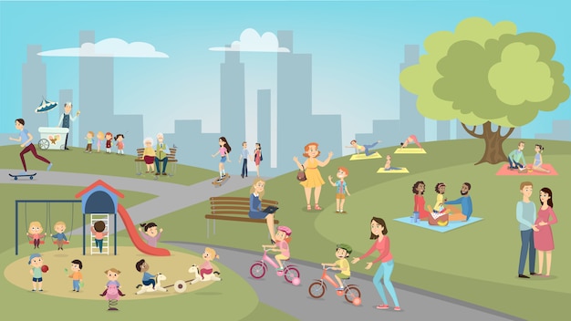 Premium Vector | People in park having fun and resting. children and ...