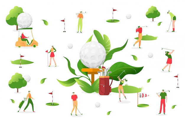 人々は白い背景 イラストでゴルフをします 男性女性キャラクター スポーツ野外活動 プロ選手 プレミアムベクター