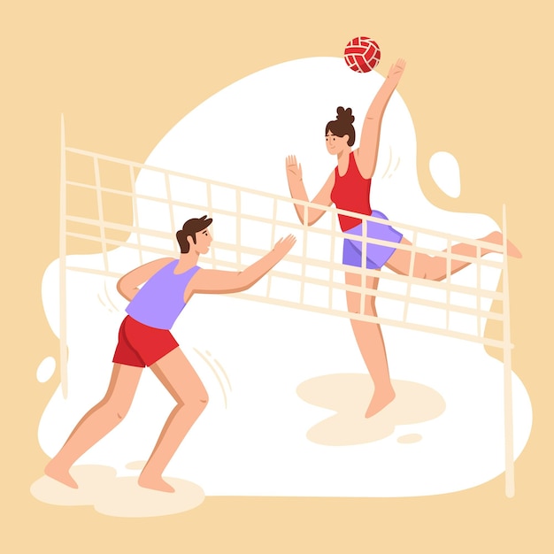 People playing volleyball outdoors Free Vector
