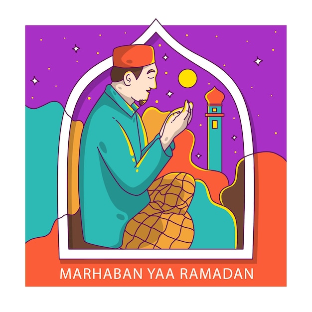 Premium Vector People Pray Ramadan Start Marhaban Yaa Ramadan