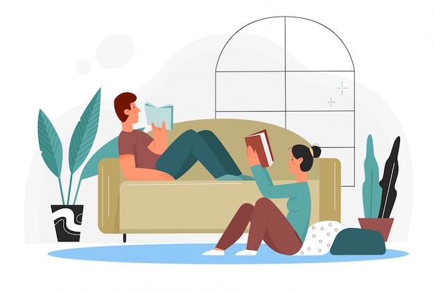 人々は家のイラストで本を読みます 図書館や書店から本を読んで 床に座って 分離された家のリビングルームのインテリアのソファーに横になっている漫画フラットカップル書店 プレミアムベクター