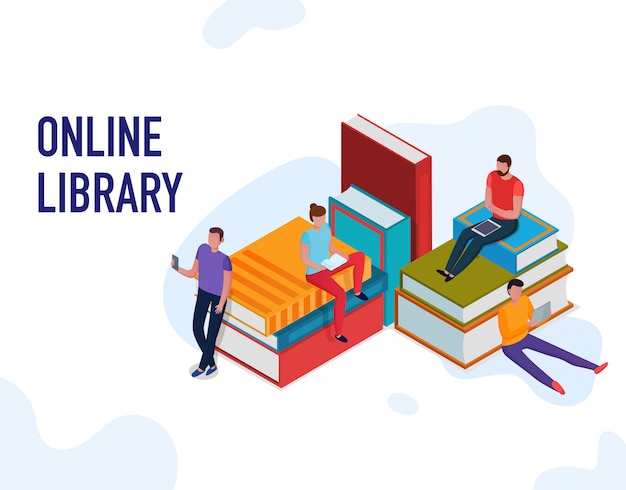 Download People reading books and using online library 3d isometric | Free Vector