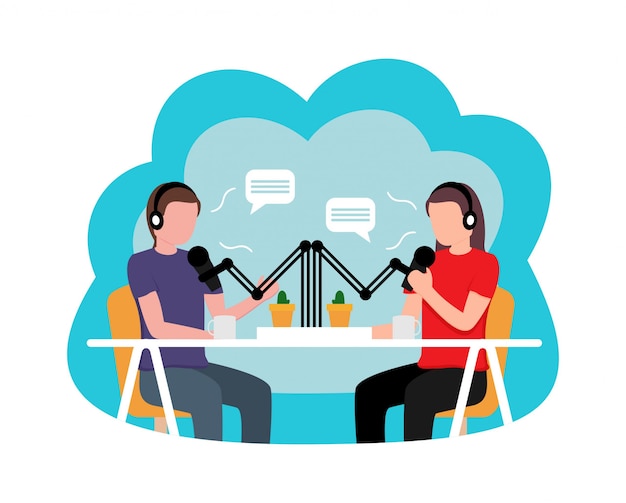 Premium Vector | People recording podcast flat design