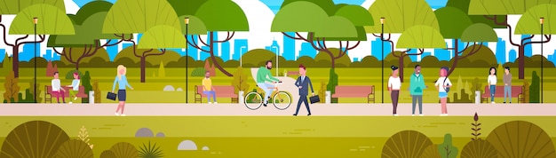 People relaxing in beautiful urban park walking riding bicycle and communicating horizontal Premium Vector