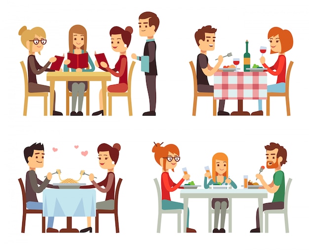 People in restaurant eating dinner vector flat concepts Vector