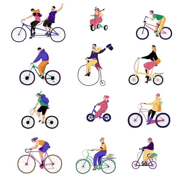 人々は自転車 イラスト 異なるオリジナルの自転車 フラットスタイルに乗って白で隔離されるキャラクターに乗る プレミアムベクター