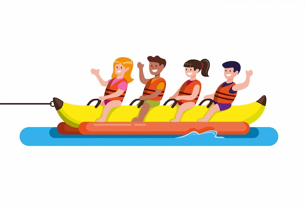 人々はバナナボート ビーチでのウォータースポーツに乗る 分離された漫画フラットイラストベクトル プレミアムベクター