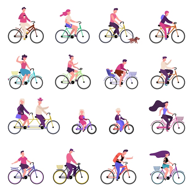 自転車に乗っている人 野外活動 自転車に乗る人のグループ 自転車に乗る アクティブな家族の健康的なライフスタイルのイラストセット 自転車や自転車に乗る アクティブな屋外の男性女性 プレミアムベクター