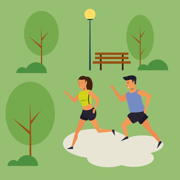 People running in the park scenery cartoon | Free Vector