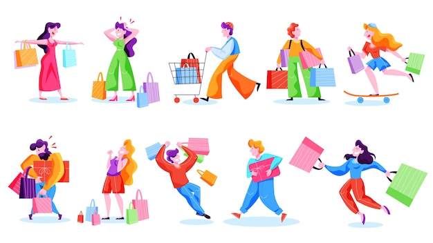 人々のショッピングセット バッグを持つ人のコレクション 大きなセールと割引 陽気なバイヤー 漫画のスタイルのイラスト プレミアムベクター