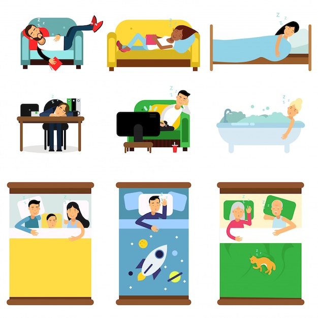 家で寝ている人 仕事セット ベッドで寝ている男女 子供がいるソファ ペット 一緒に漫画イラスト プレミアムベクター
