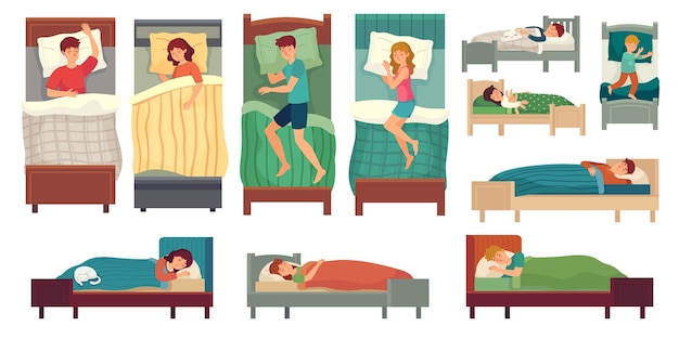 ベッドで寝ている人 ベッドで大人の男性 眠っている女性と幼児の睡眠イラストセット プレミアムベクター