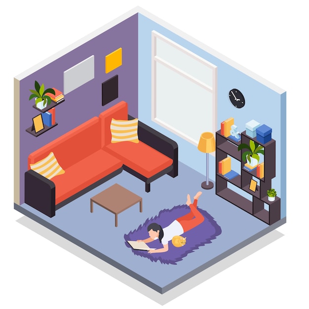 Premium Vector | People staying home isometric composition with girl ...