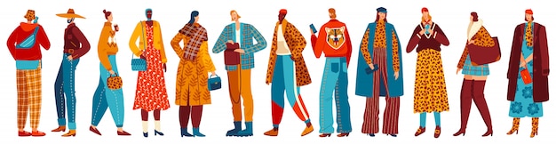 トレンディな服を着ている人々ストリートスタイルのキャラクターコレクション 若いおしゃれな男性と女性の服を着た服のイラスト プレミアムベクター