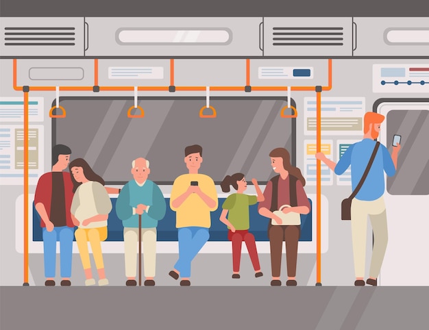 Premium Vector People In Subway Train Public Transport Flat Vector Illustration 1413