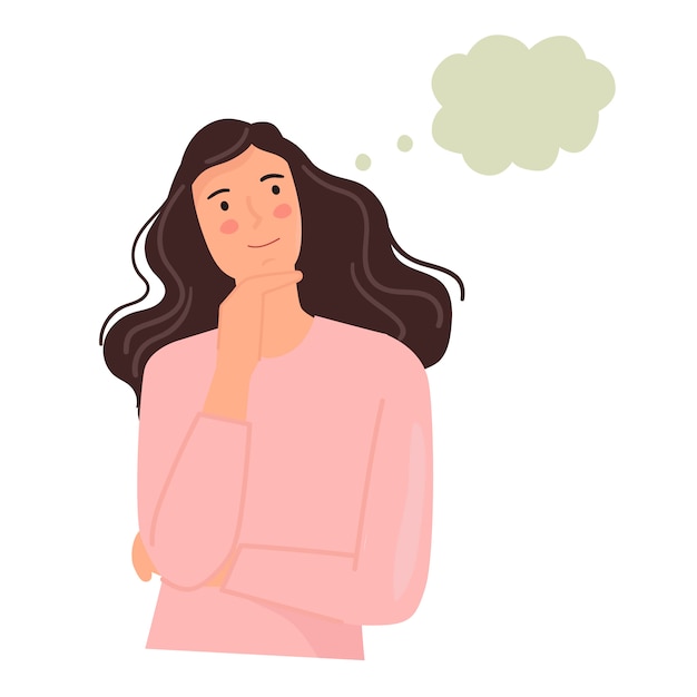 People thinking about something. smilling  woman holds chin Premium Vector
