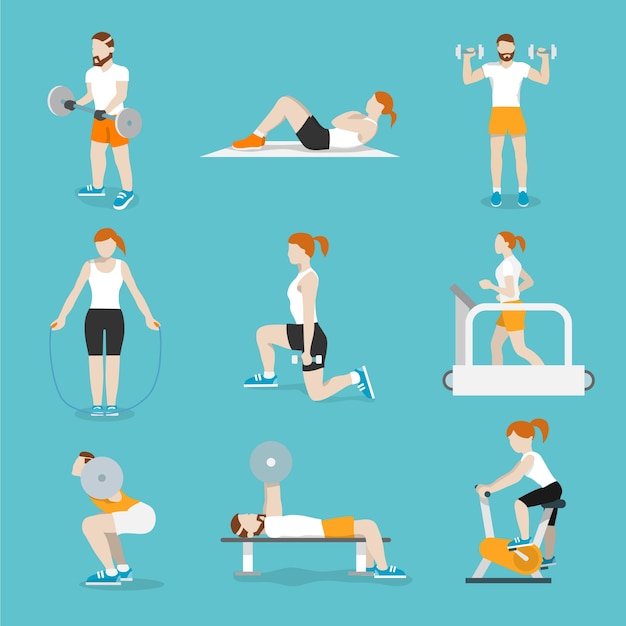 People training exercise bikes and cardio fitness treadmills with bench press icons collection flat isolated vector illustration Free Vector People training exercise bikes and cardio fitness treadmills with bench press icons collection flat isolated vector illustration Free Vector