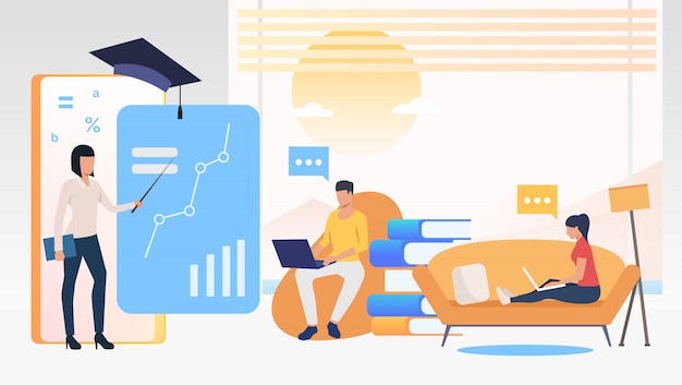People using computers and studying at online school at home Free Vector