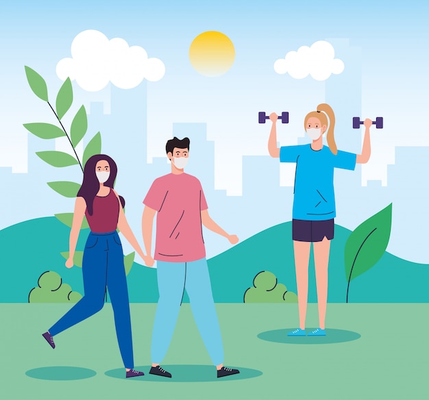 People using face mask practicing activities in landscape Free Vector