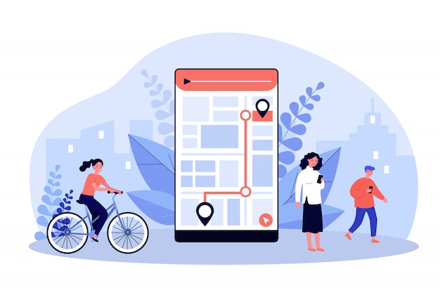 市内地図でモバイルアプリを使用している人々 プレミアムベクター