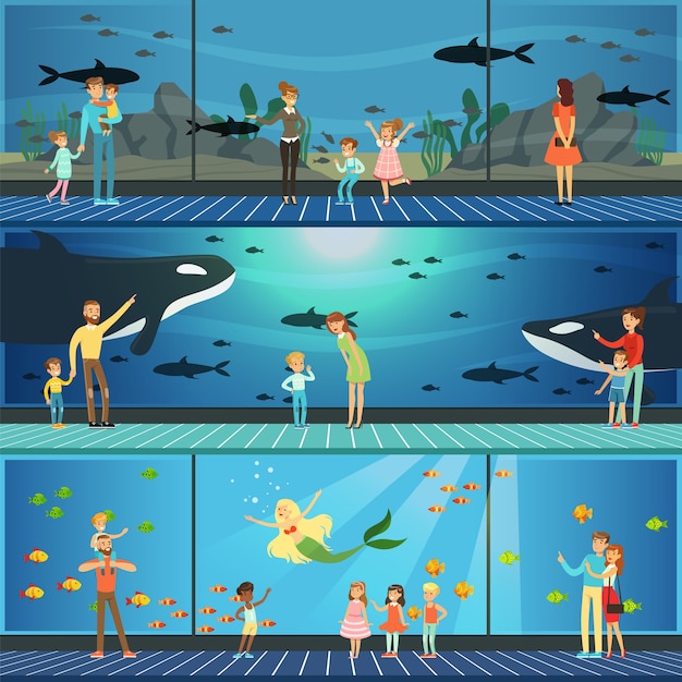 イラストの水族館セットを訪れる人々 巨大な水族館で海の動物たちと一緒に水中の風景を見ている子供を持つ親 プレミアムベクター