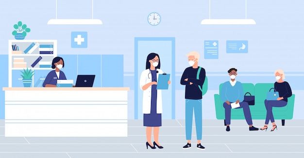 Premium Vector | People wait in hospital hall interior illustration ...