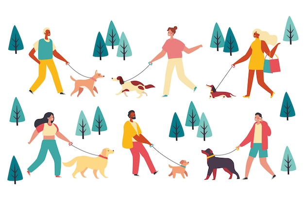 Free Vector | People walking the dog collection