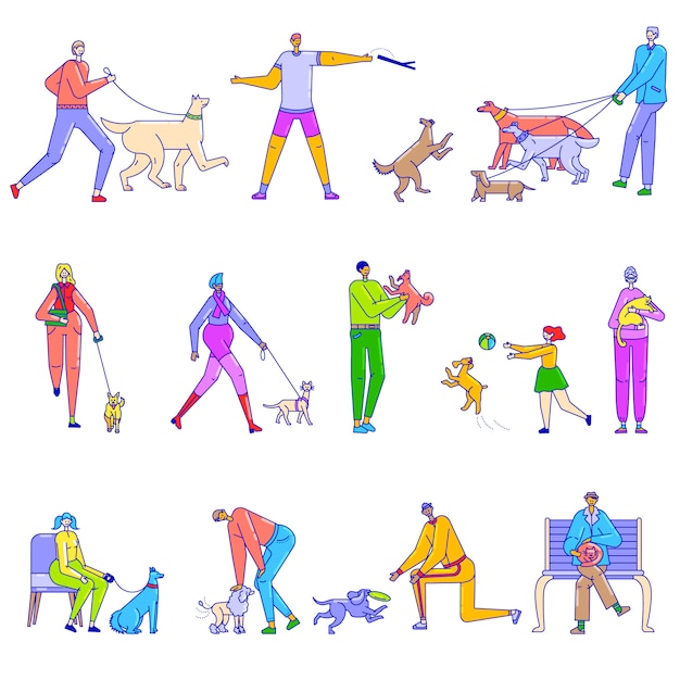 分離されたキャラクターラインアート動物イラストにペットと一緒に歩いている人 男 走っている女性 手をつないで 犬 猫 手のひら 棒 ボールを投げます プレミアムベクター
