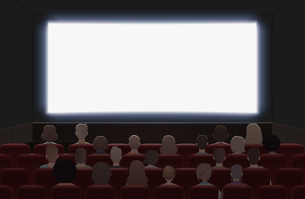 映画館のインテリアイラストで映画を見ている人 背面図 プレミアムベクター