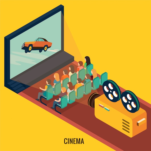 People watching movie in cinema theater. isometric 3d illustration ...