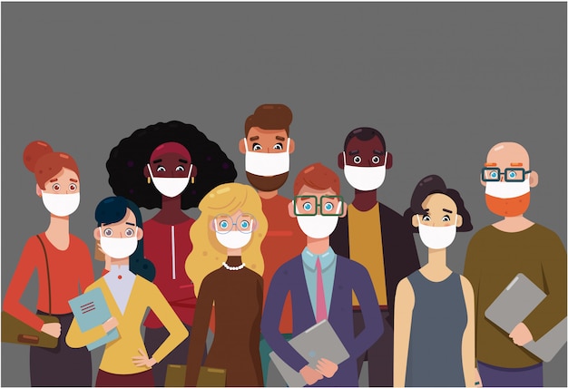 フェイスマスク 大気汚染 汚染された空気 世界の汚染を身に着けている人々 モダンなフラットイラスト 病気 インフルエンザ 防毒マスクを防ぐために医療用 マスクを着ている同僚のグループ プレミアムベクター
