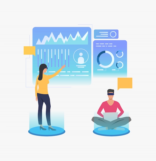 People wearing vr glasses and working in virtual interface Free Vector