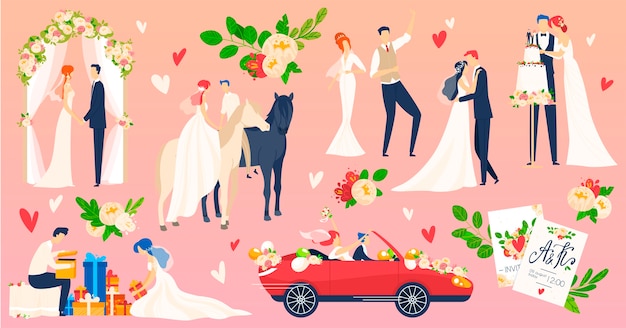 Premium Vector People Wedding Marriage Vector Illustration Flat Set Cartoon Newlyweds